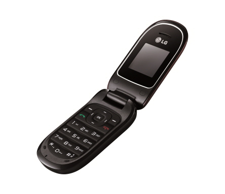 Front view of the LG A170 / A175 flip phone in Wine Red while open