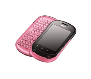 Front view of the pink LG Optimus Chat with slidable keyboard open