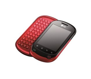 Front view of the red LG Optimus Chat with slidable keyboard open