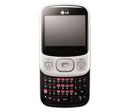 Front view of the White Black LG Town C320 slid upwards, exposing its slidable keyboard