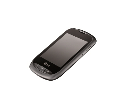 Front view of the LG Wink Style in black leaning 70-degrees to the right