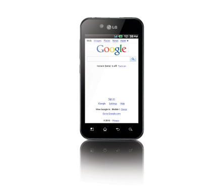 Front view of the LG Optimus Black while searching on Google