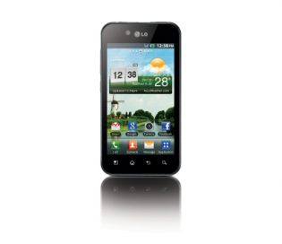 Front view of the LG Optimus Black on the home screen