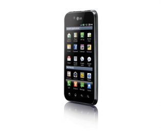 Front view of the LG Optimus Black facing 30-degrees to the left while viewing the home apps screen