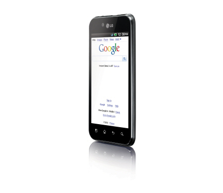 Front view of the LG Optimus Black facing 30-degrees to the left while searching on Google