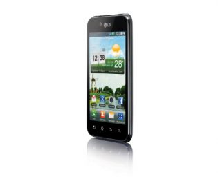 Front view of the LG Optimus Black facing 30-degrees to the left while viewing on the home screen