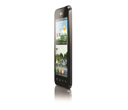 Front view of the LG Optimus Black facing 75-degrees to the left while on the home screen