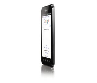 Front view of the LG Optimus Black facing 75-degrees to the left while searching on Google