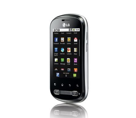 Front view of the LG Optimus Me facing 20-degrees to the left