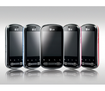 Front view of the LG Optimus Me facing forward at numerous angles