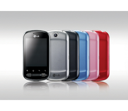 Front view of the LG Optimus Me and its numerous color options