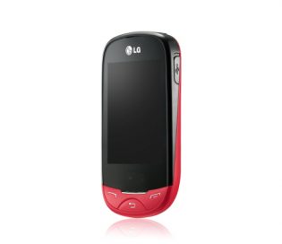 Front view of the Red LG T500 facing 20-degrees to the left