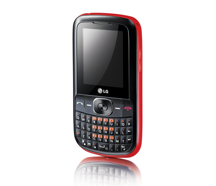 alt="A front view of the LG C100 / C105 in black and red facing 20-degrees to the left"