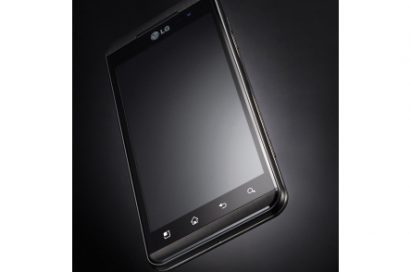 The LG Optimus 3D balancing on its bottom left corner