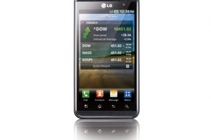 Front of the vertical LG Optimus 3D in the stocks app