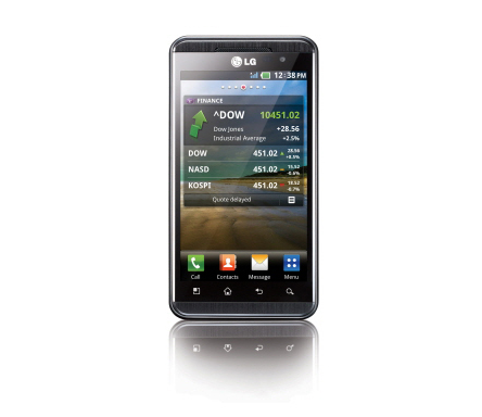 Front of the vertical LG Optimus 3D in the stocks app