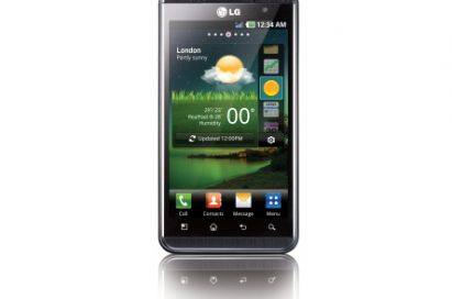 Front view of the LG Optimus 3D using the weather app