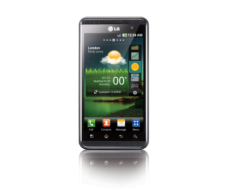 Front view of the LG Optimus 3D using the weather app