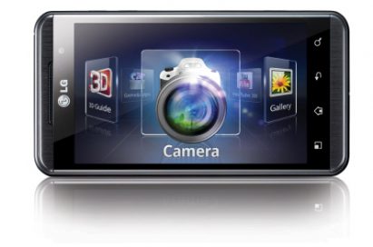 Front view of the horizontal LG Optimus 3D selecting the camera app