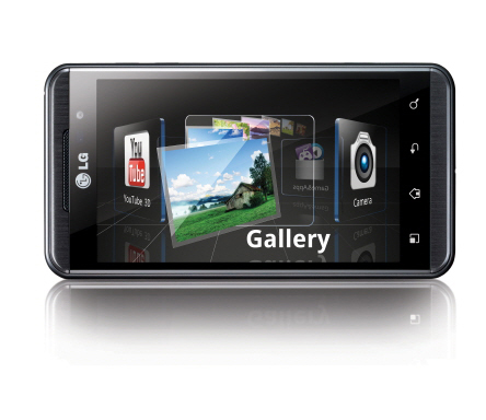 A front view of the horizontal LG Optimus 3D switching between apps