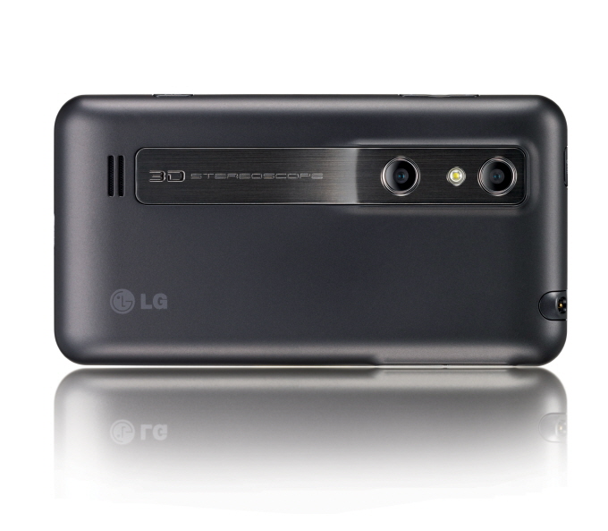 LG Optimus 3D 04 A rear view of the LG Optimus 3D on its side