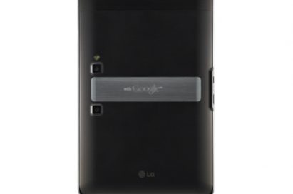 Rear view of the LG Optimus Pad in its vertical position