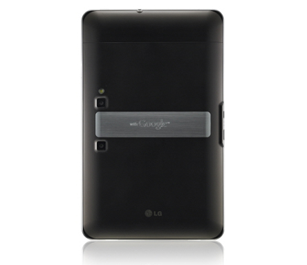 Rear view of the LG Optimus Pad in its vertical position