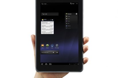 The LG Optimus Pad in its vertical position being held effortlessly in one hand