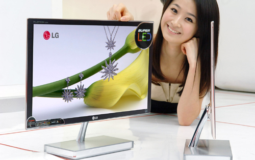 A model posing with two LCD LED Monitor model E90s on the floor.