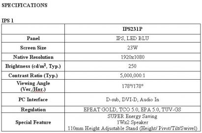 Specifications of the LG SUPER LED IPS monitor model IPS231