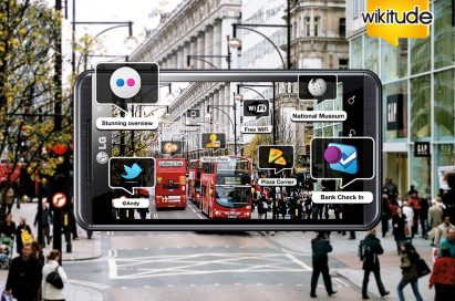 Marketing image of WIKITUDE 3D DIMENSION on an LG phone superimposed over a street scene