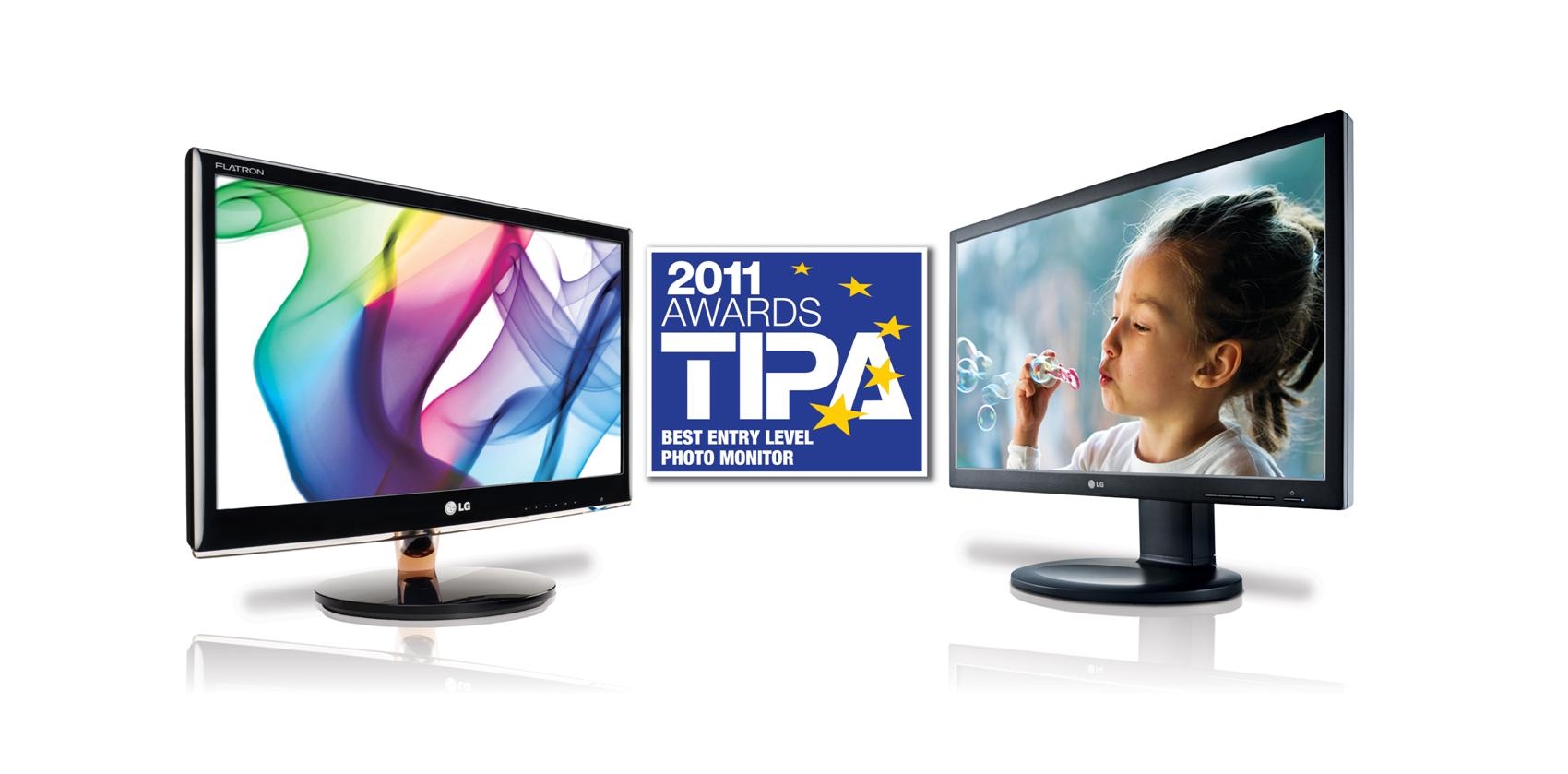 Two LG SUPER LED IPS monitors, IPS231 and IPS23, at either side of the TIPA 2011 Awards logo
