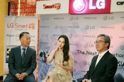 K.W. Kim, president of LG Electronics, Middle East and Africa, Hollywood actress Megan Fox and Kyung-hoon Byun, executive vice president of LG Electronics Home Entertainment Company, at Ferrari World in Abu Dhabi