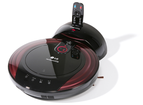 Top view of the LG HOM-BOT smart vacuum cleaning robot in its docking station with its remote-control