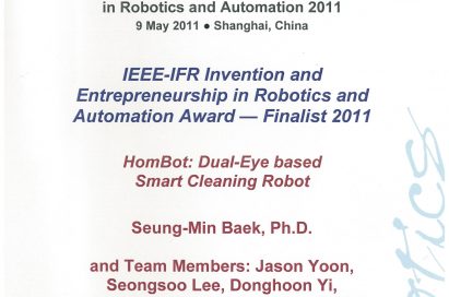 A HOM-BOT certificate to recognize it as a finalist at the 7th Annual Invention and Entrepreneurship Award in Robotics and Automation (IERA)