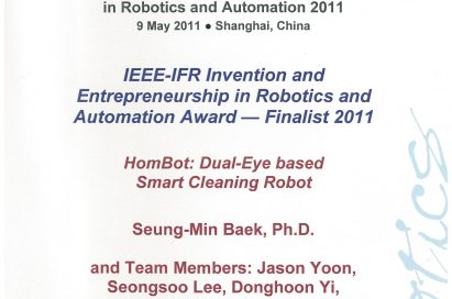 A HOM-BOT certificate to recognize it as a finalist at the 7th Annual Invention and Entrepreneurship Award in Robotics and Automation (IERA)