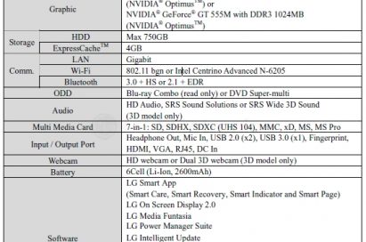 Specifications and features of the LG 3D notebook LGA530