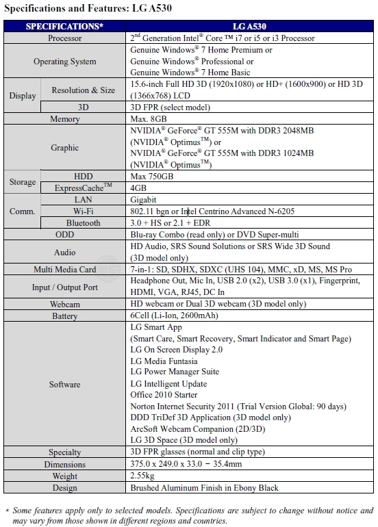 Specifications and features of the LG 3D notebook LGA530