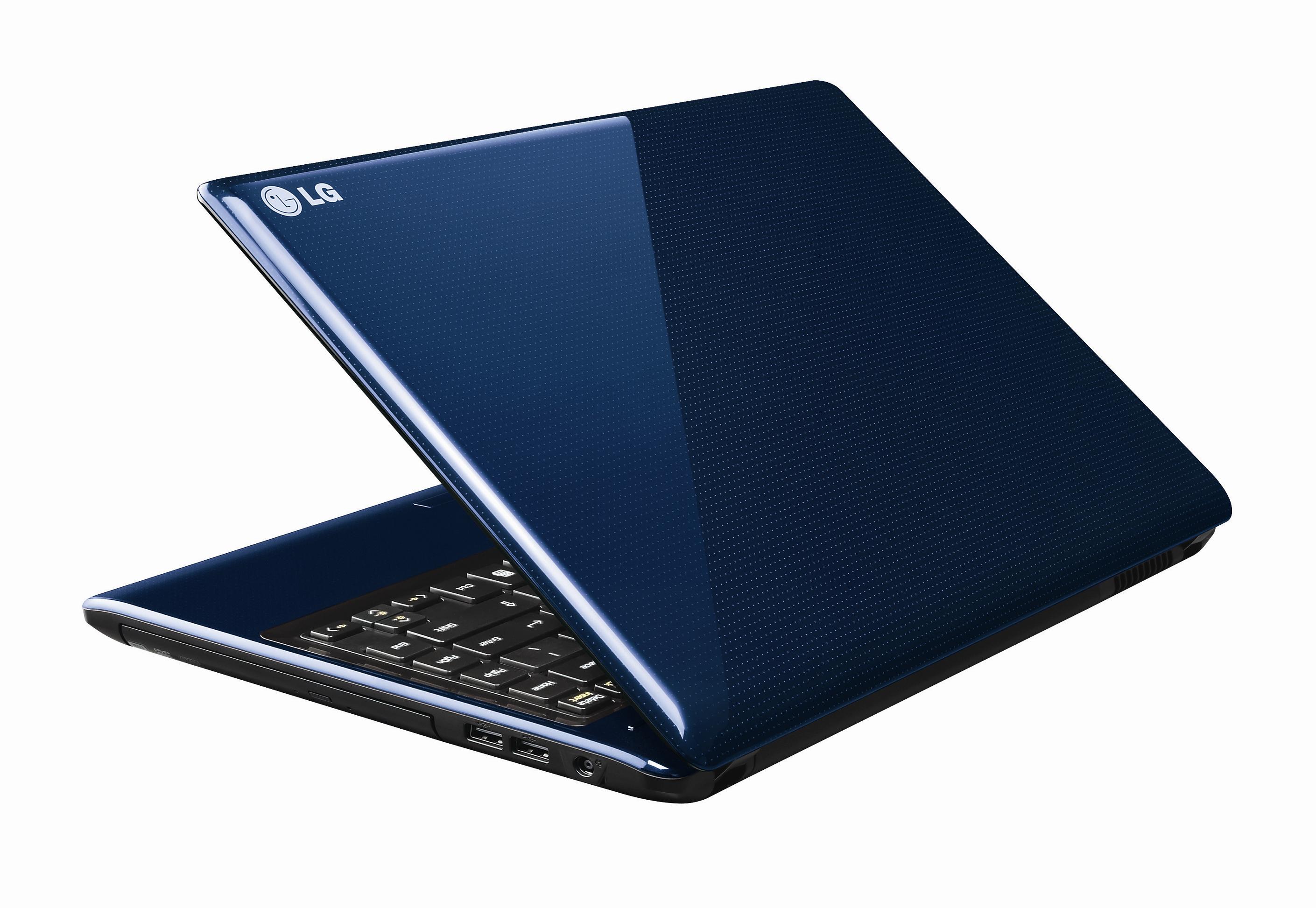 Rear view of the LG Aurora notebook in Blue with its display open 45-degrees