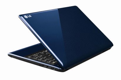 Side view of LG’s AURORA NOTEBOOK in blue with the display open at a 45-degree angle