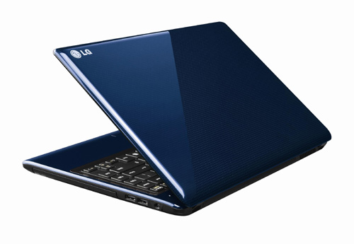 Rear view of the LG Aurora notebook in Blue with its display open 45-degrees.