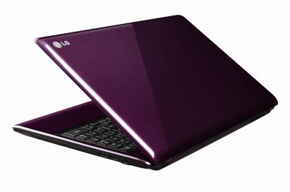 Rear view of the LG Aurora notebook in Purple with its display open 45-degrees