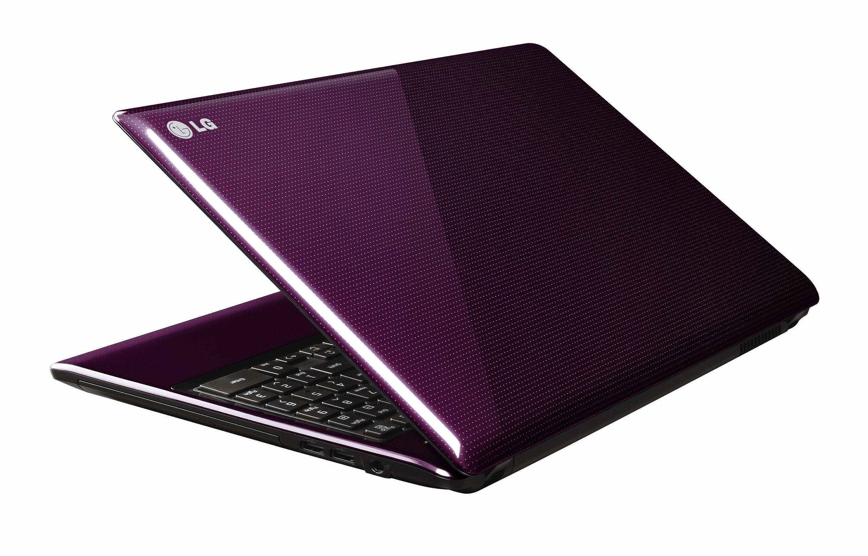 Rear view of the LG Aurora notebook in Purple with its display open 45-degrees