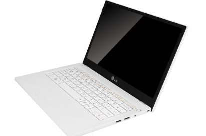 Side view of the LG premium notebook model P220 with its display open