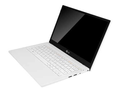 Side view of the LG premium notebook model P220 with its display open.