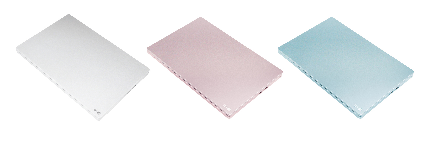 LG premium notebook model P220 with its display closed in White Pearl, Pink Pearl and Blue Pearl