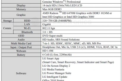 Specifications of LG Aurora notebook model S430