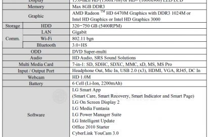 Specifications of LG Aurora notebook model S530