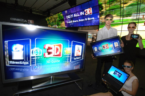 A picture of LG's diverse lineups shown at IFA 2011 including TVs, monitors, mobiles, and laptops with models