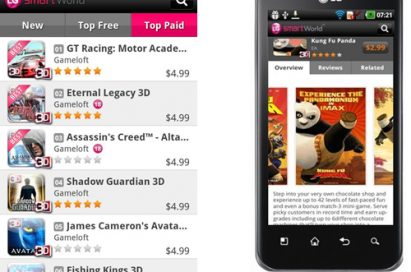 A list of Top Paid applications on LG SmartWorld and Overview page of the Kung Fu Panda game application on LG Smartworld via the LG Optimus 3D